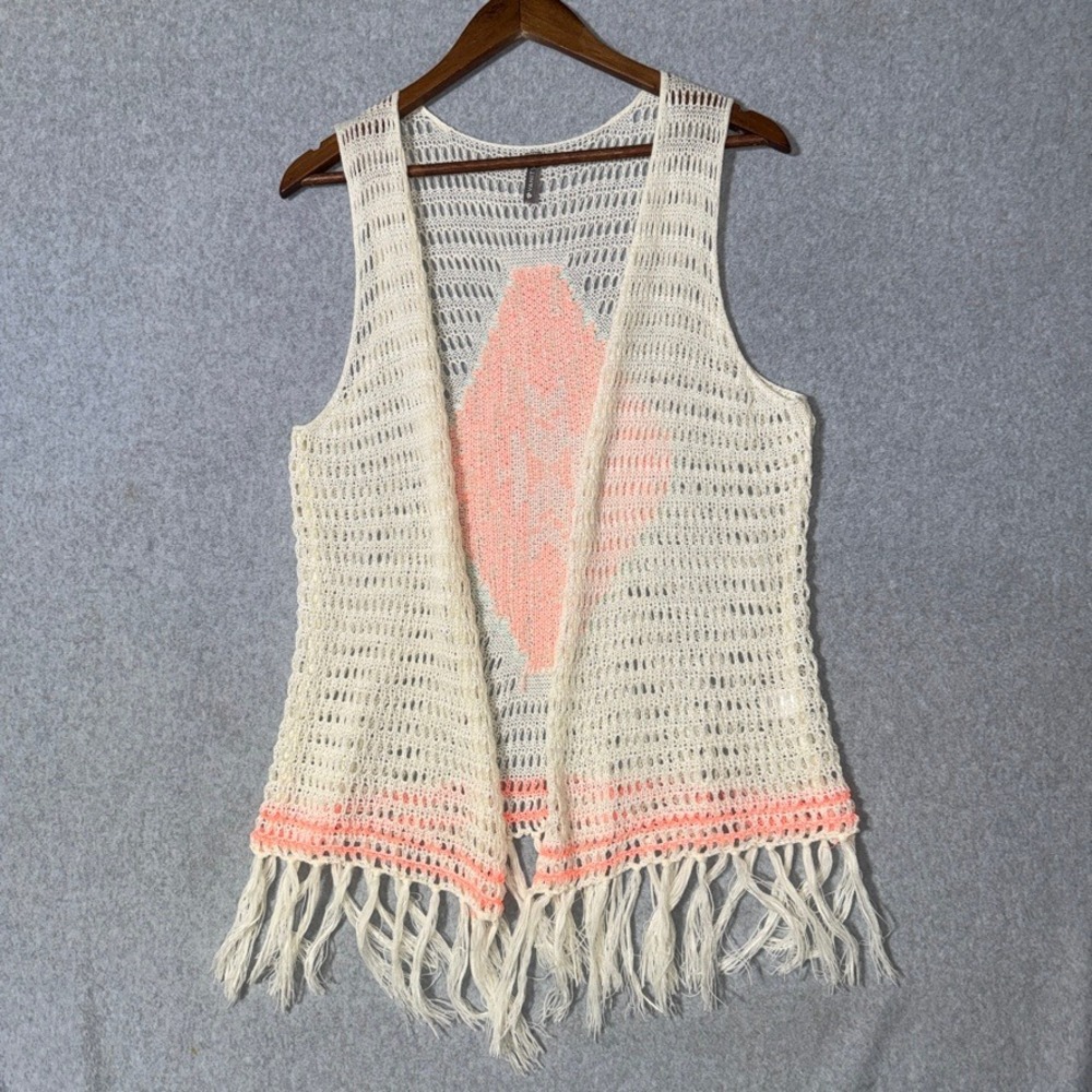 Vanity Womens Large Ivory Crochet Knit Fringe Vest Southwestern Diamond Boho L